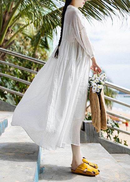 White Peter Pan Collar Button Vacation Summer Linen Dress