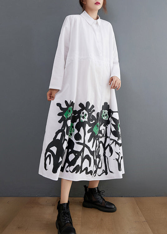 White Peter Pan Collar Button Pockets Shirt Dress Long Sleeve