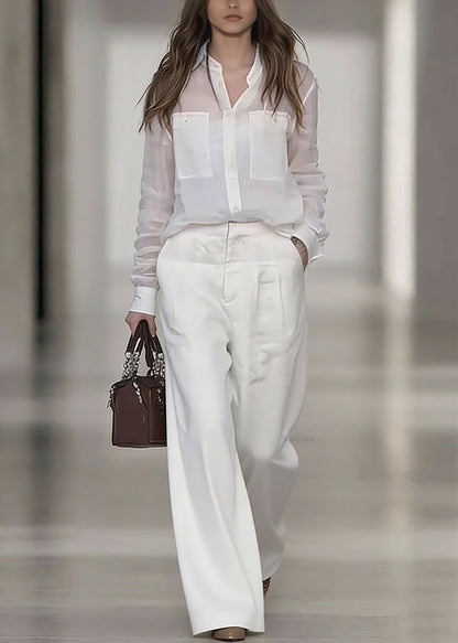 White Peter Pan Collar Linen Shirt and Wide Leg Pants Two Pieces Set Spring