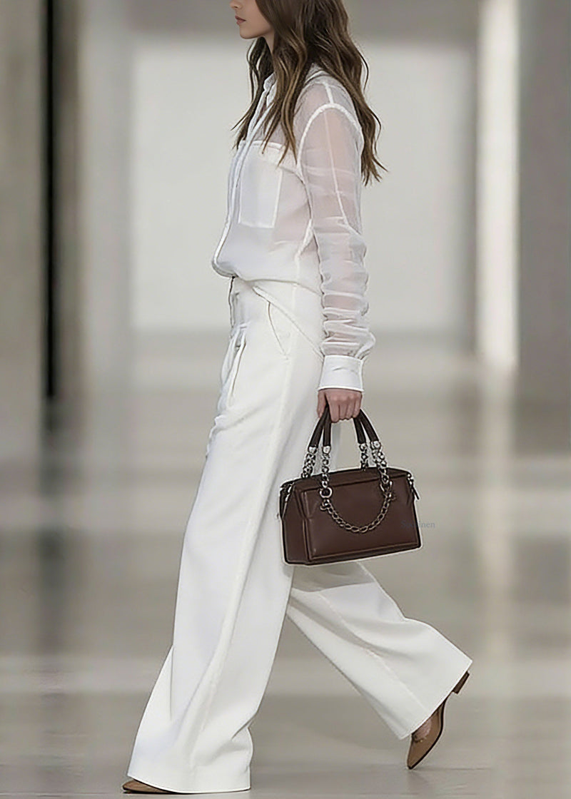 White Peter Pan Collar Linen Shirt and Wide Leg Pants Two Pieces Set Spring