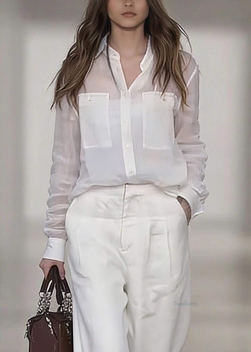 White Peter Pan Collar Linen Shirt and Wide Leg Pants Two Pieces Set Spring