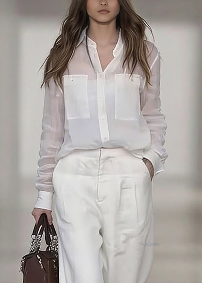 White Peter Pan Collar Linen Shirt and Wide Leg Pants Two Pieces Set Spring