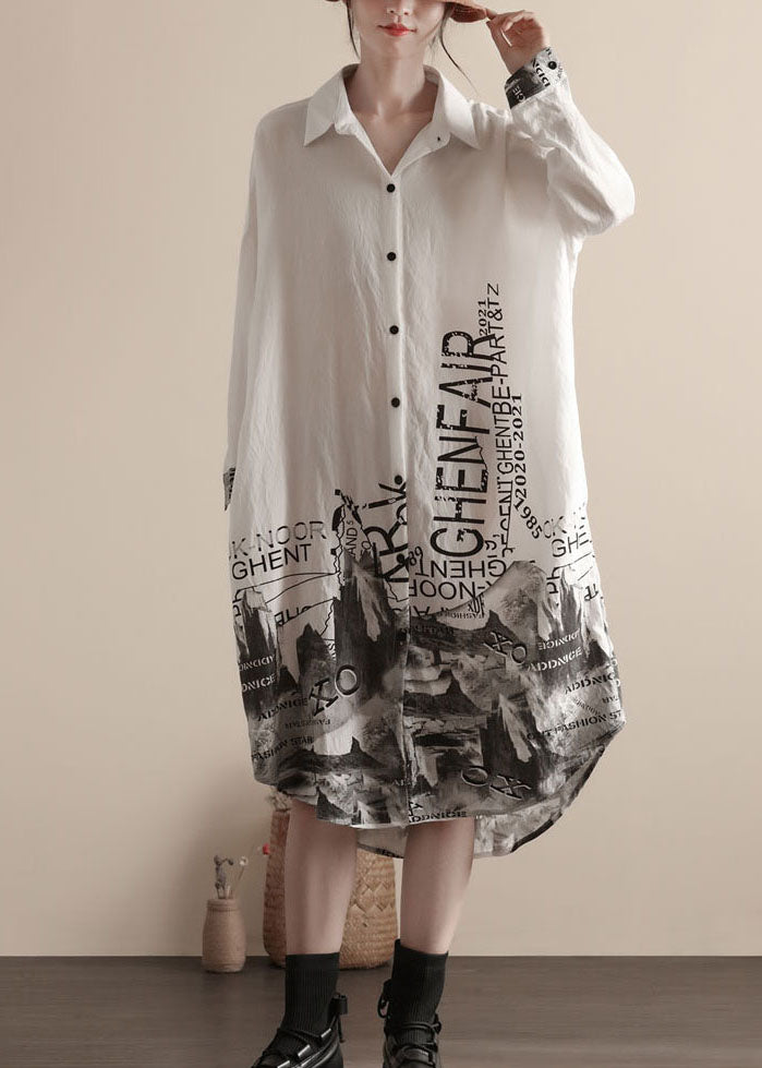 White Peter Pan Collar Print Patchwork Linen Shirts Dresses Spring