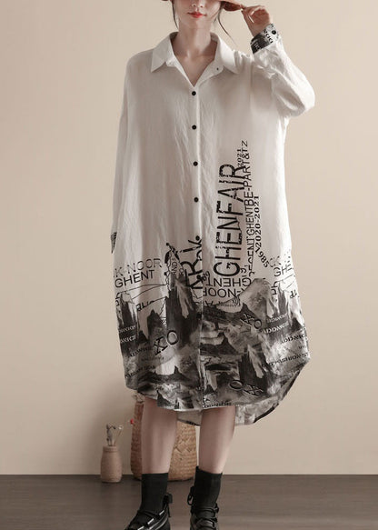 White Peter Pan Collar Print Patchwork Linen Shirts Dresses Spring