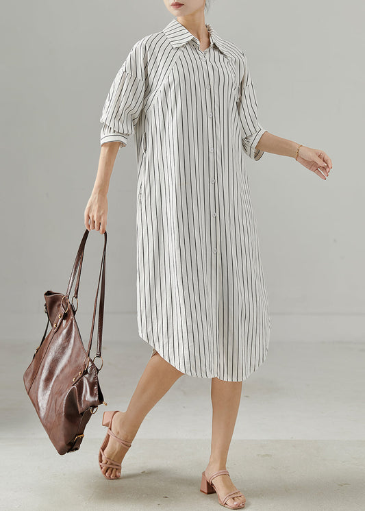 White Peter Pan Collar Striped Cotton Shirt Dresses Spring