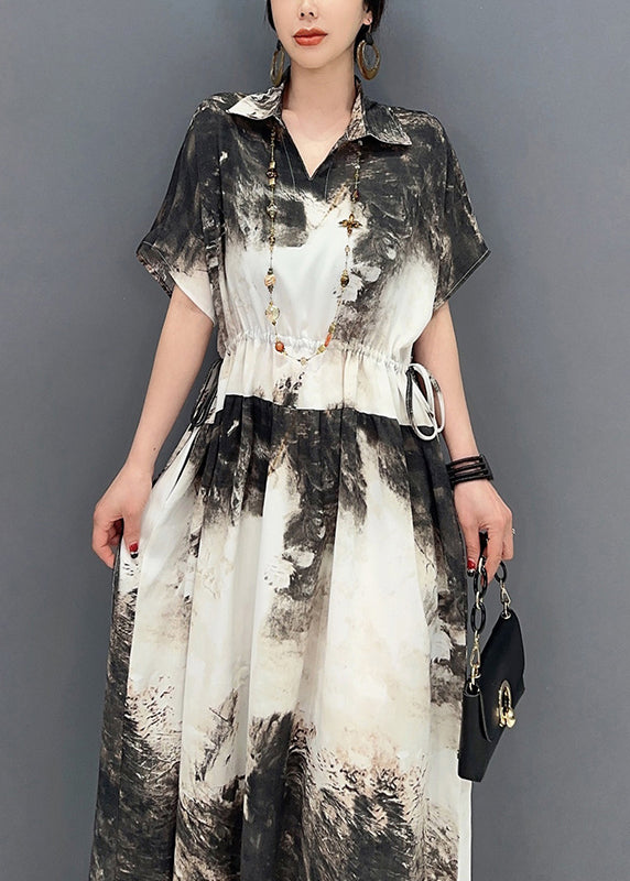 White Peter Pan Collar Tie Dye Cotton Cinched Dresses Summer