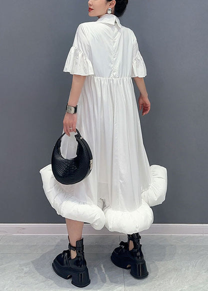 White Peter Pan Collar Wrinkled Patchwork Cotton Shirts Dress Summer