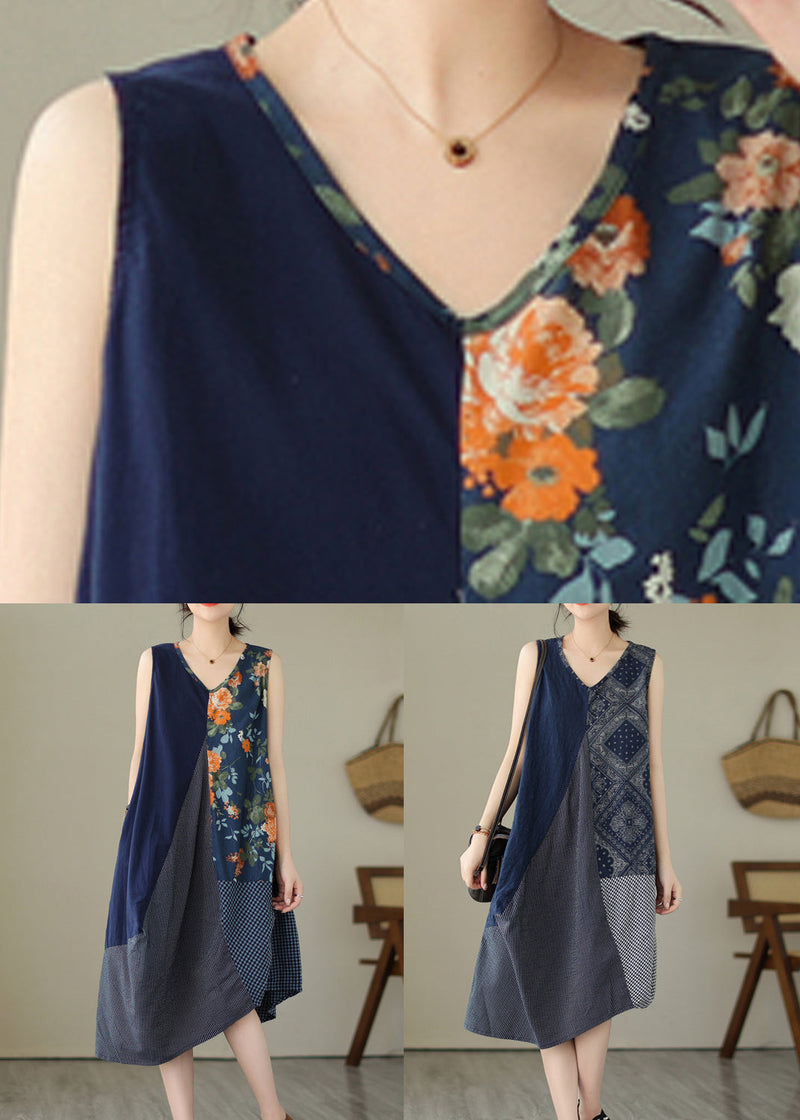 White Plaid Asymmetrical Print Cotton Dress Sleeveless
