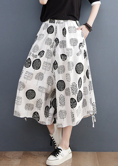 White Print Tie Crop Pants Summer