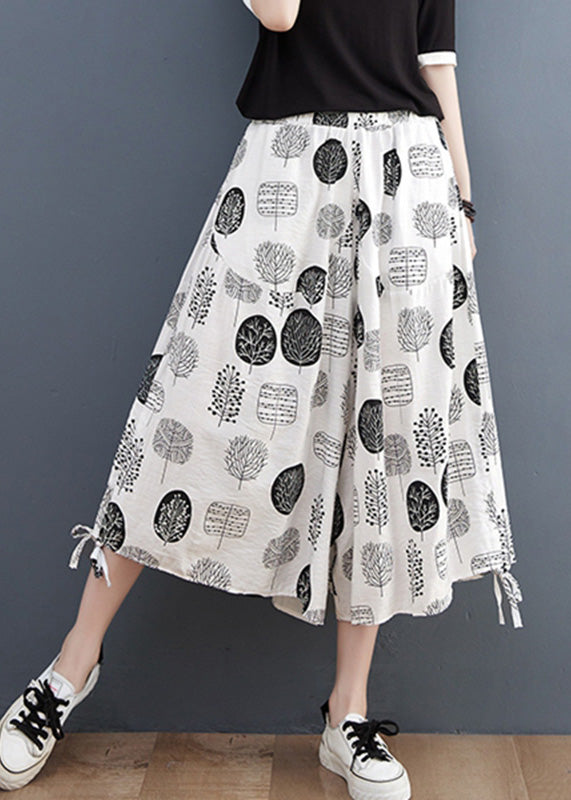 White Print Tie Crop Pants Summer