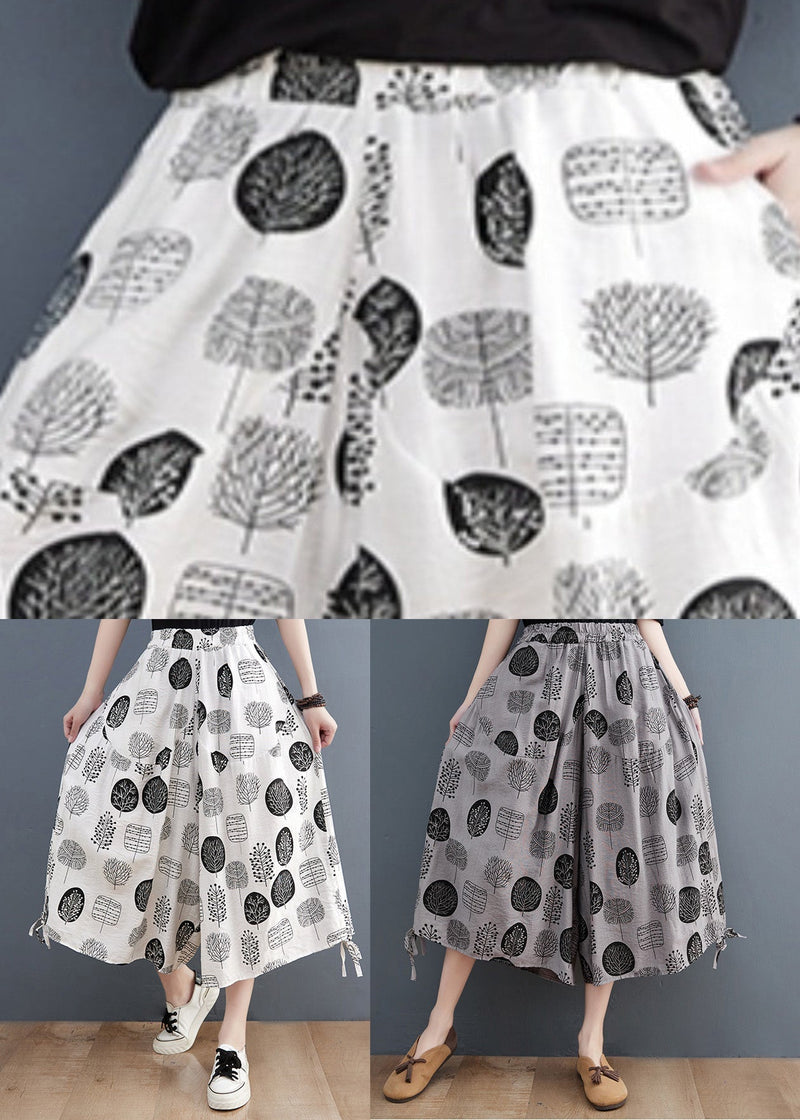 White Print Tie Crop Pants Summer