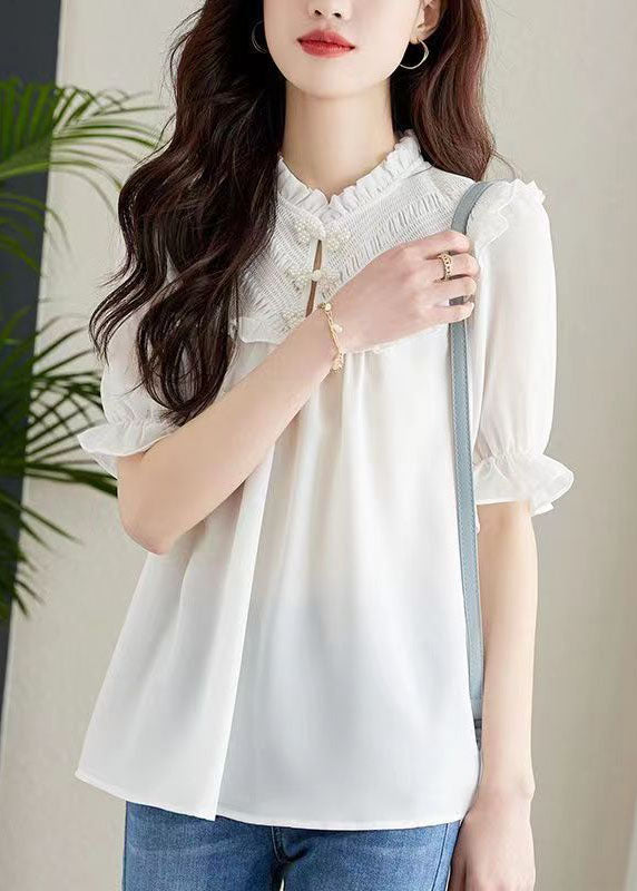 White Ruffled Chinese Button Patchwork Chiffon Shirt Top Summer