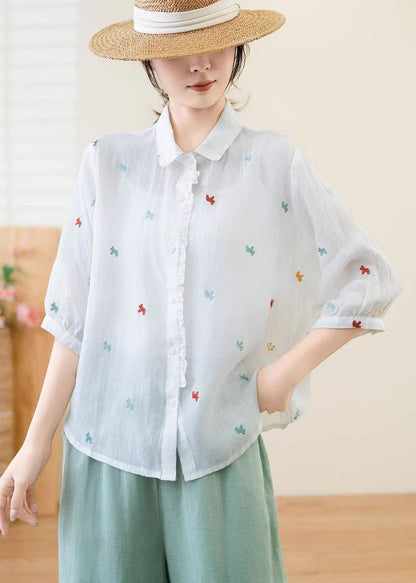 White Ruffled Embroidered Linen Blouse Top Summer