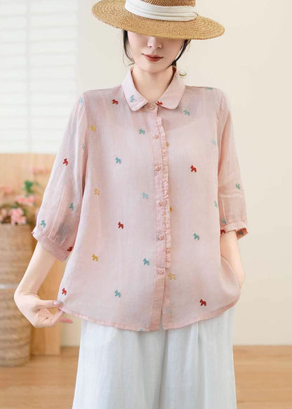 White Ruffled Embroidered Linen Blouse Top Summer