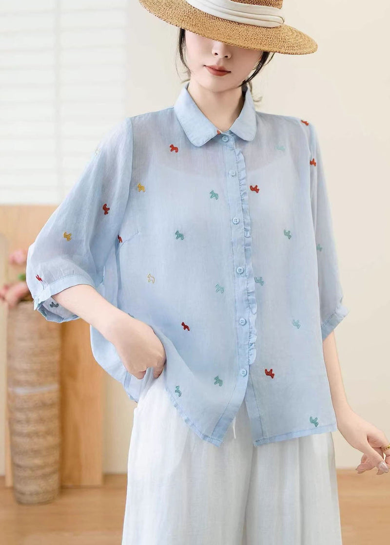White Ruffled Embroidered Linen Blouse Top Summer