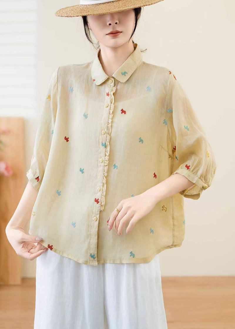 White Ruffled Embroidered Linen Blouse Top Summer