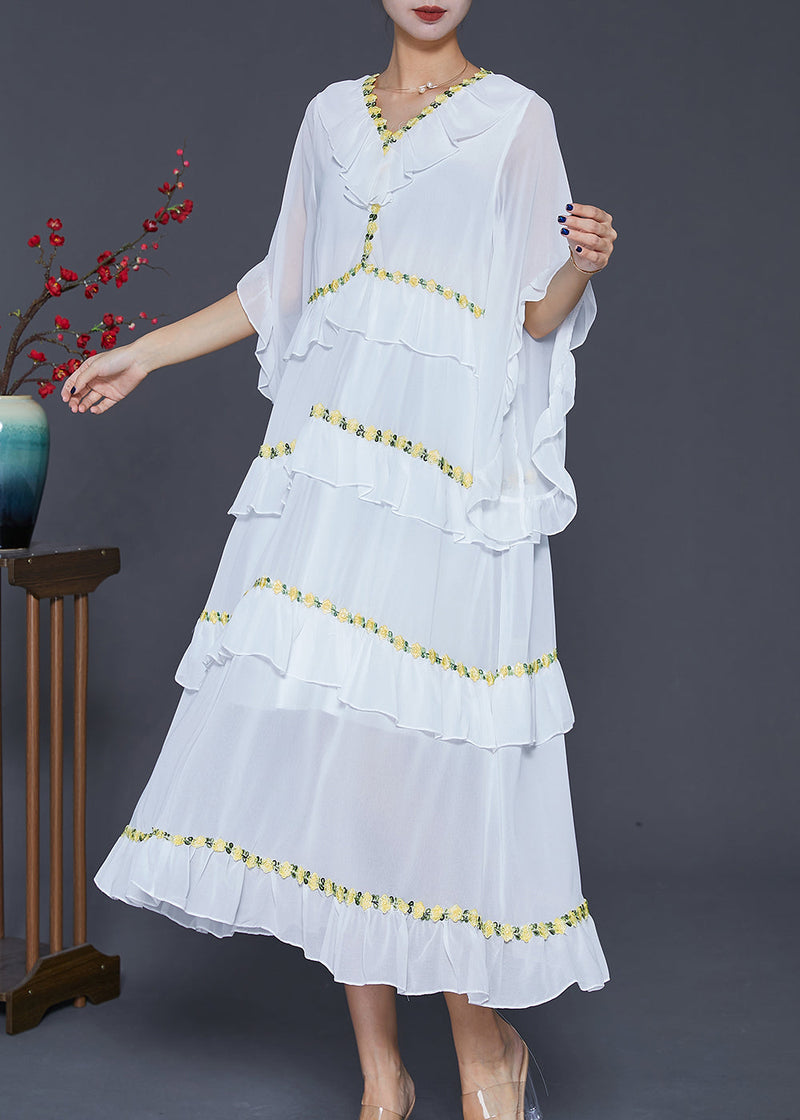 White Ruffled Patchwork Chiffon Beach Dress Summer