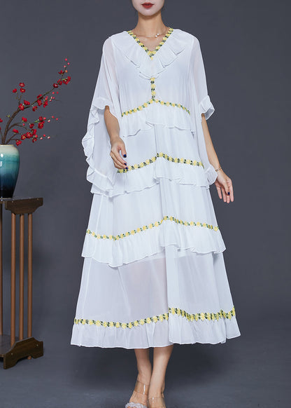 White Ruffled Patchwork Chiffon Beach Dress Summer