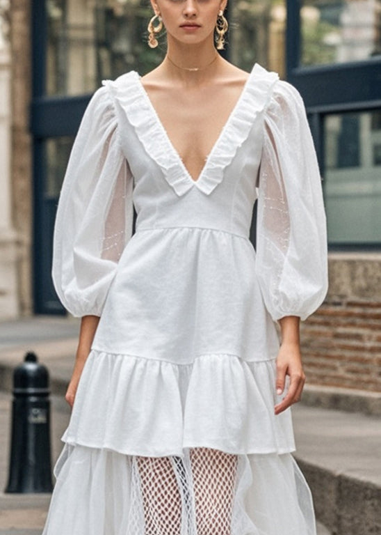White Ruffled Patchwork Cotton Long Dress Bracelet Sleeve