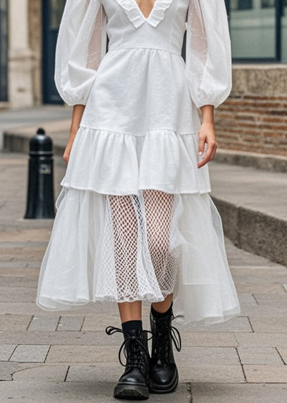 White Ruffled Patchwork Cotton Long Dress Bracelet Sleeve
