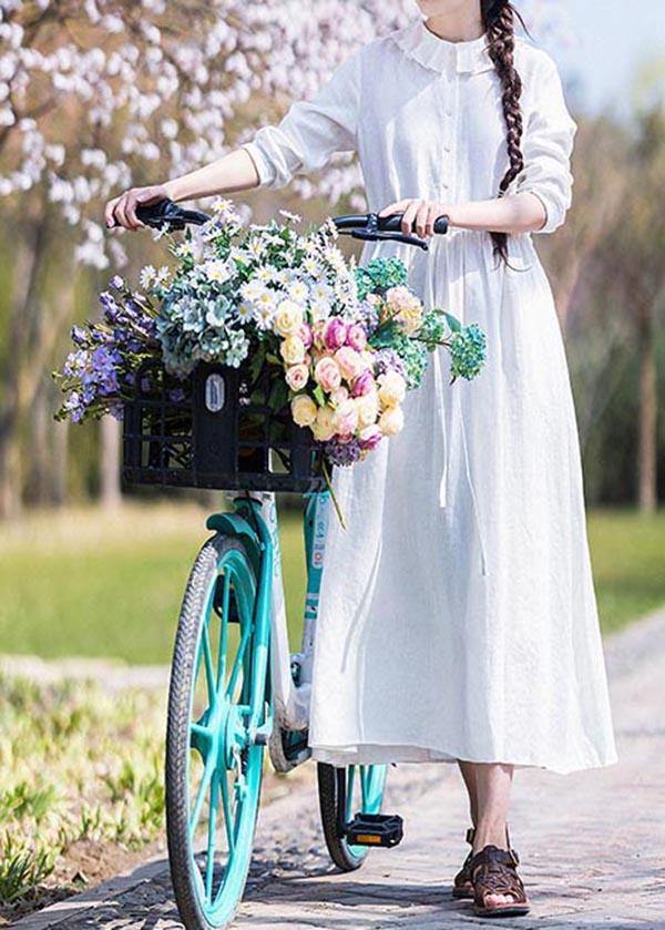 White Ruffles Pockets Summer Linen Dress