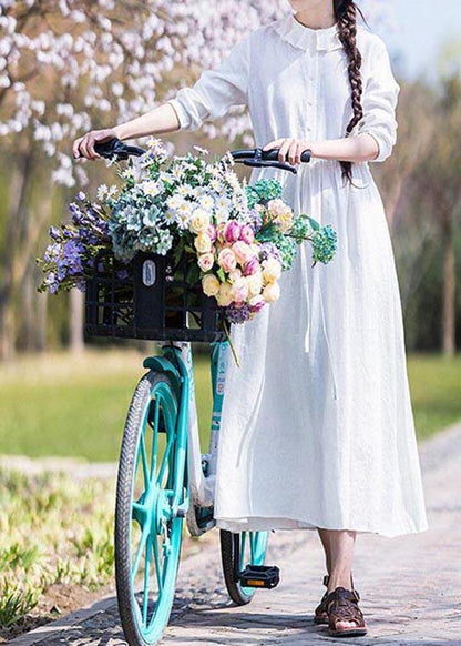 White Ruffles Pockets Summer Linen Dress