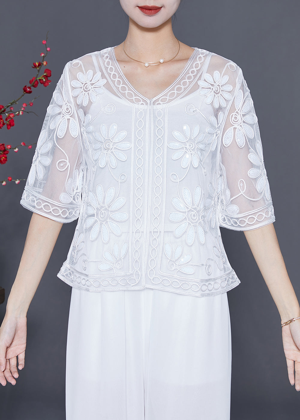 White Sequins Embroideried Tulle Cardigan Summer