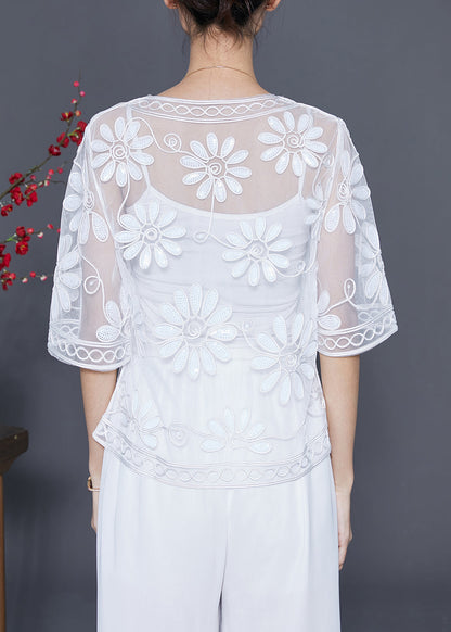 White Sequins Embroideried Tulle Cardigan Summer