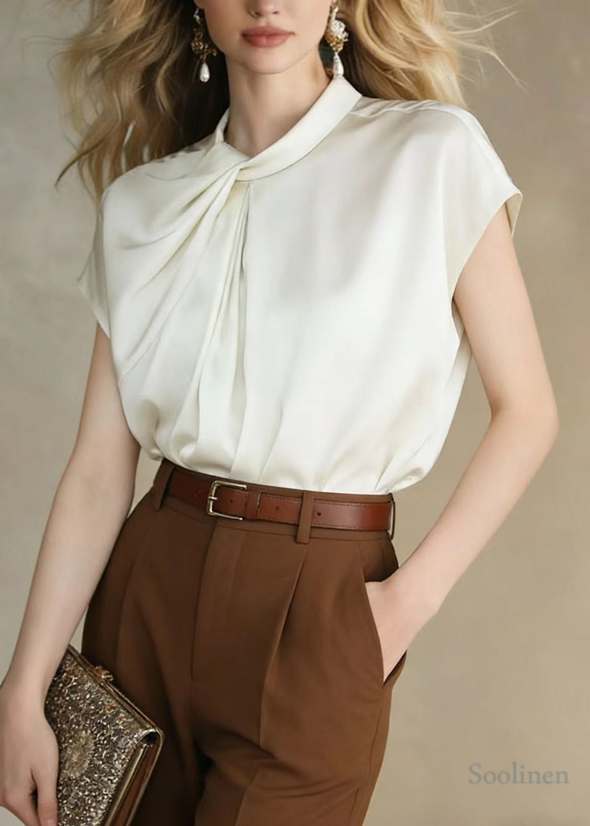 Women White Stand Collar Asymmetrical Design Chiffon Tank Tops Summer