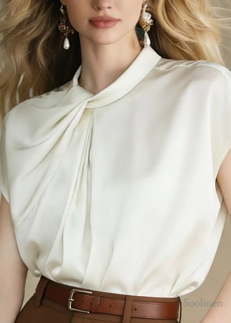 White Stand Collar Asymmetrical Design Chiffon Tank Tops Summer