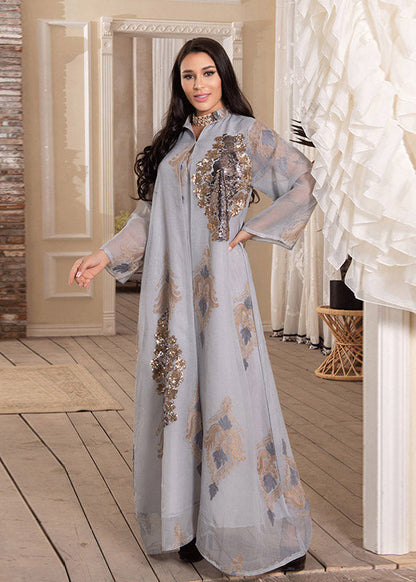 White Stand Collar Embroideried Sequins Tulle Maxi Dresses Long Sleeve