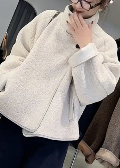 White Stand Collar Patchwork Pockets Faux Fur Coats Spring