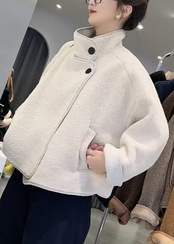 White Stand Collar Patchwork Pockets Faux Fur Coats Spring