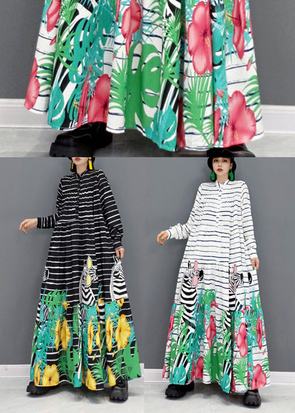 White Stand Collar Striped Print Cotton Party Long Dress Long Sleeve
