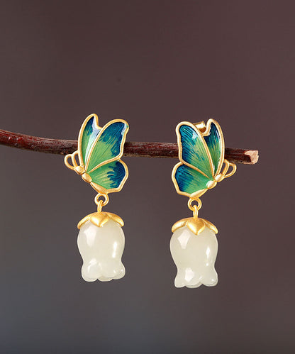 White Sterling Silver Overgild Jade Cloisonne Drop Earrings