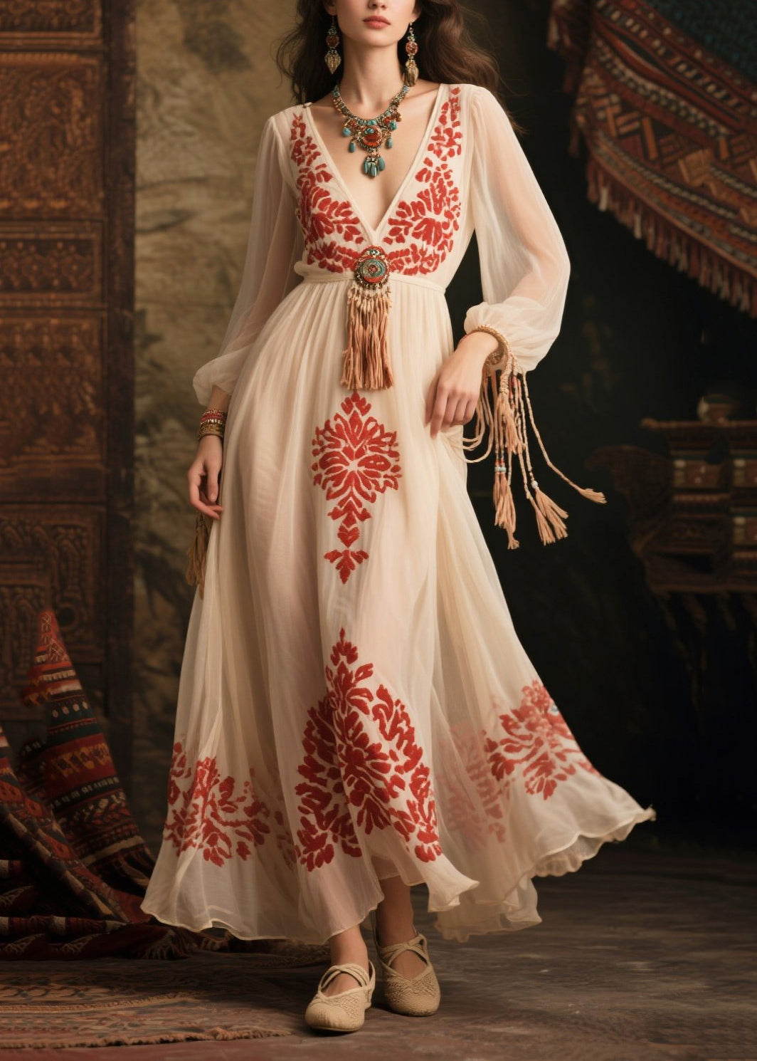 White Tasseled Print Chiffon Long Dress Fall