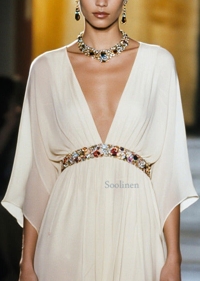 White V Neck Draping Chiffon Vacation Dresses Summer