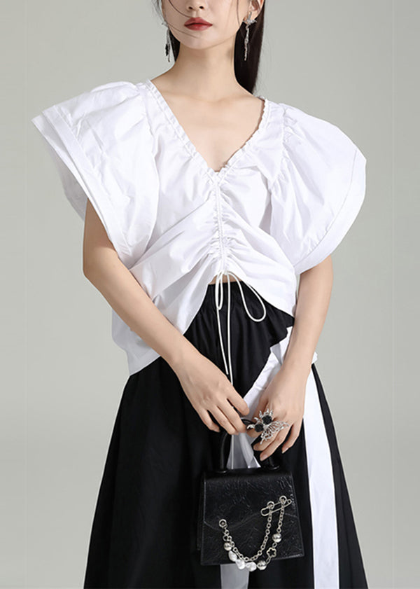 White V Neck Drawstring Patchwork Cotton Top Butterfly Sleeve