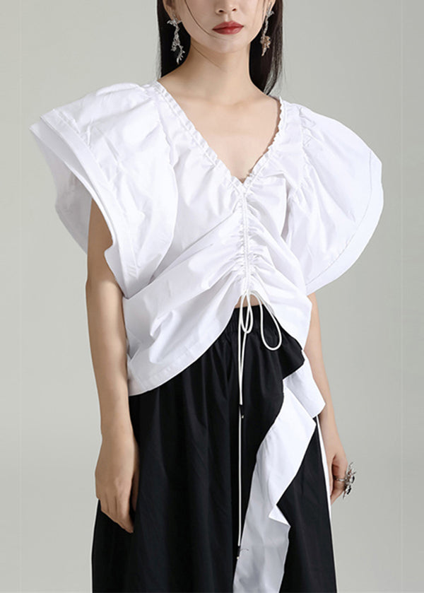 White V Neck Drawstring Patchwork Cotton Top Butterfly Sleeve