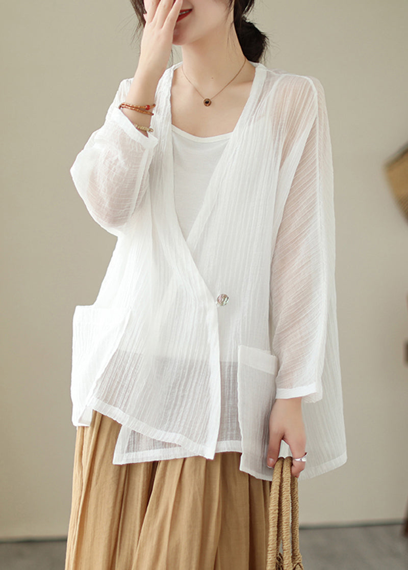 White V Neck Oversized Cotton Upf 50+ Cardigan Summer