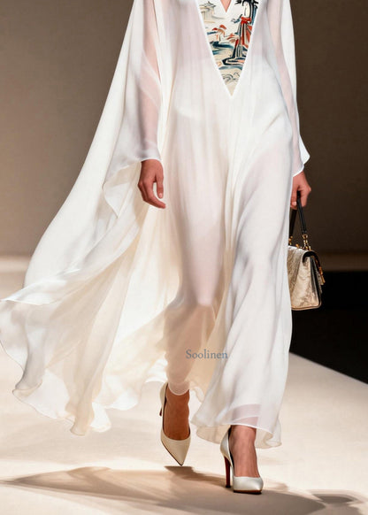 White V Neck Patchwork Chiffon Long Dresses Spring