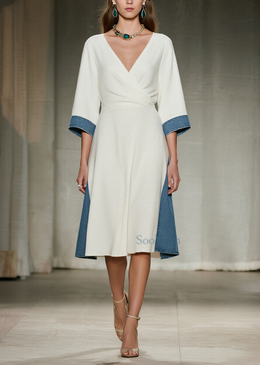White V Neck Patchwork Denim Day Dress Summer