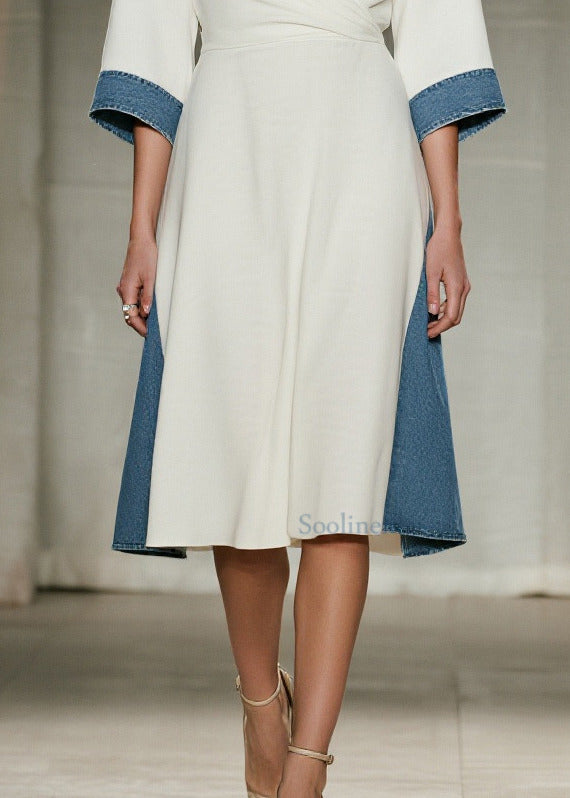 White V Neck Patchwork Denim Day Dress Summer