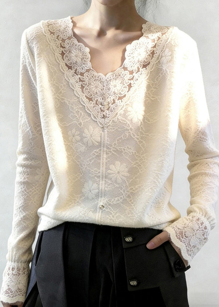 Women White V Neck Patchwork Jacquard Lace Shirt Tops Spring