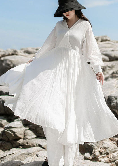 White V Neck Patchwork Maxi Dresses Spring