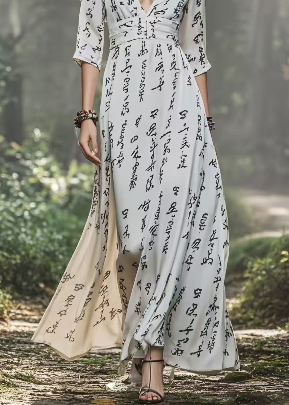 White V Neck Print Chiffon Dress Bracelet Sleeve