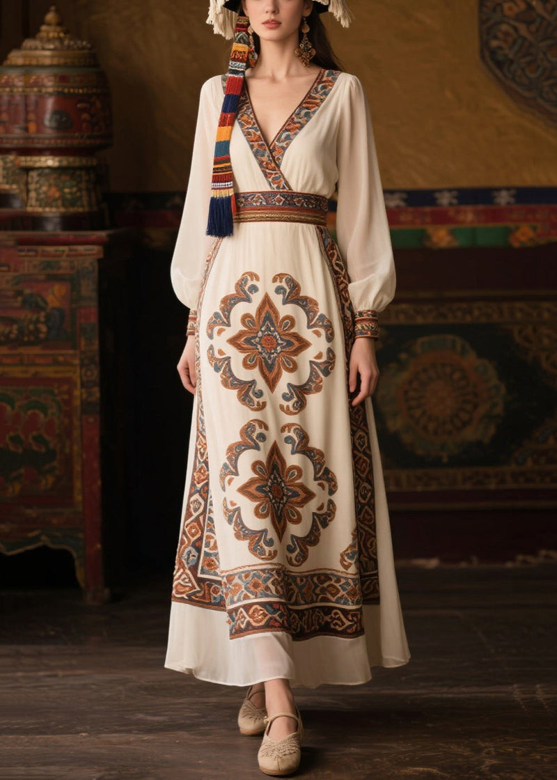 White V Neck Print Chiffon Tunic Dresses Fall