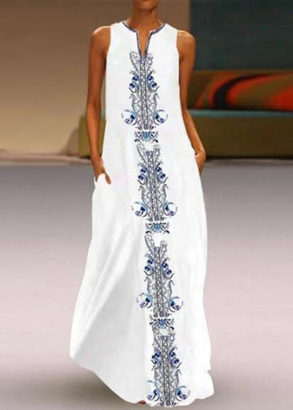 White V Neck Print Chiffon Vacation Dresses Summer