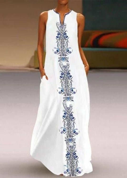 White V Neck Print Chiffon Vacation Dresses Summer