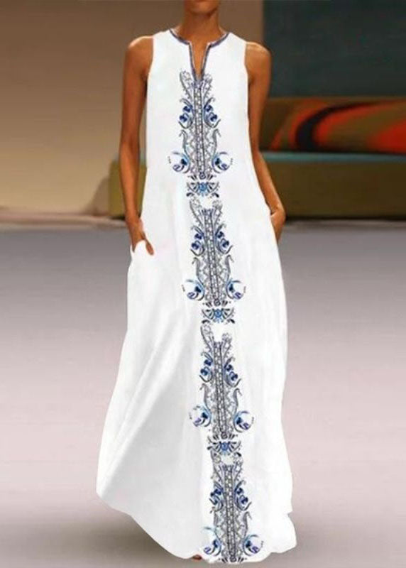 White V Neck Print Chiffon Vacation Dresses Summer